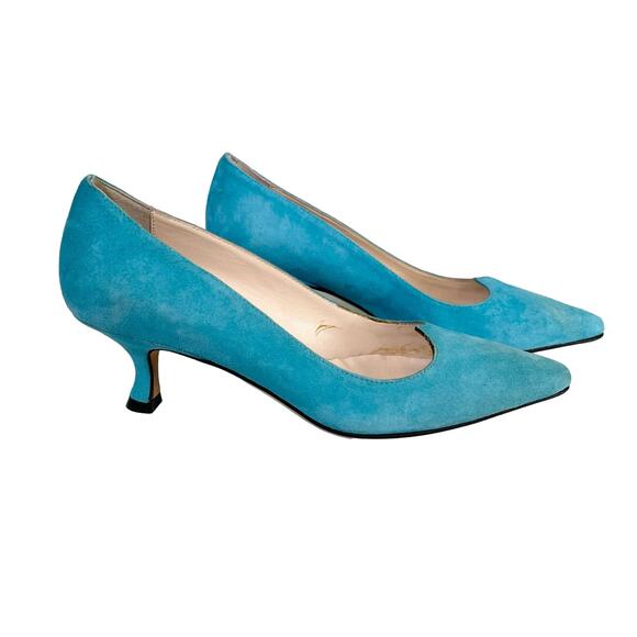 Pancaldi for Diane B Shoes - Pancaldi for Diane B Teal Blue Classic Pointed Suede Kitten Pump Heel Size 35